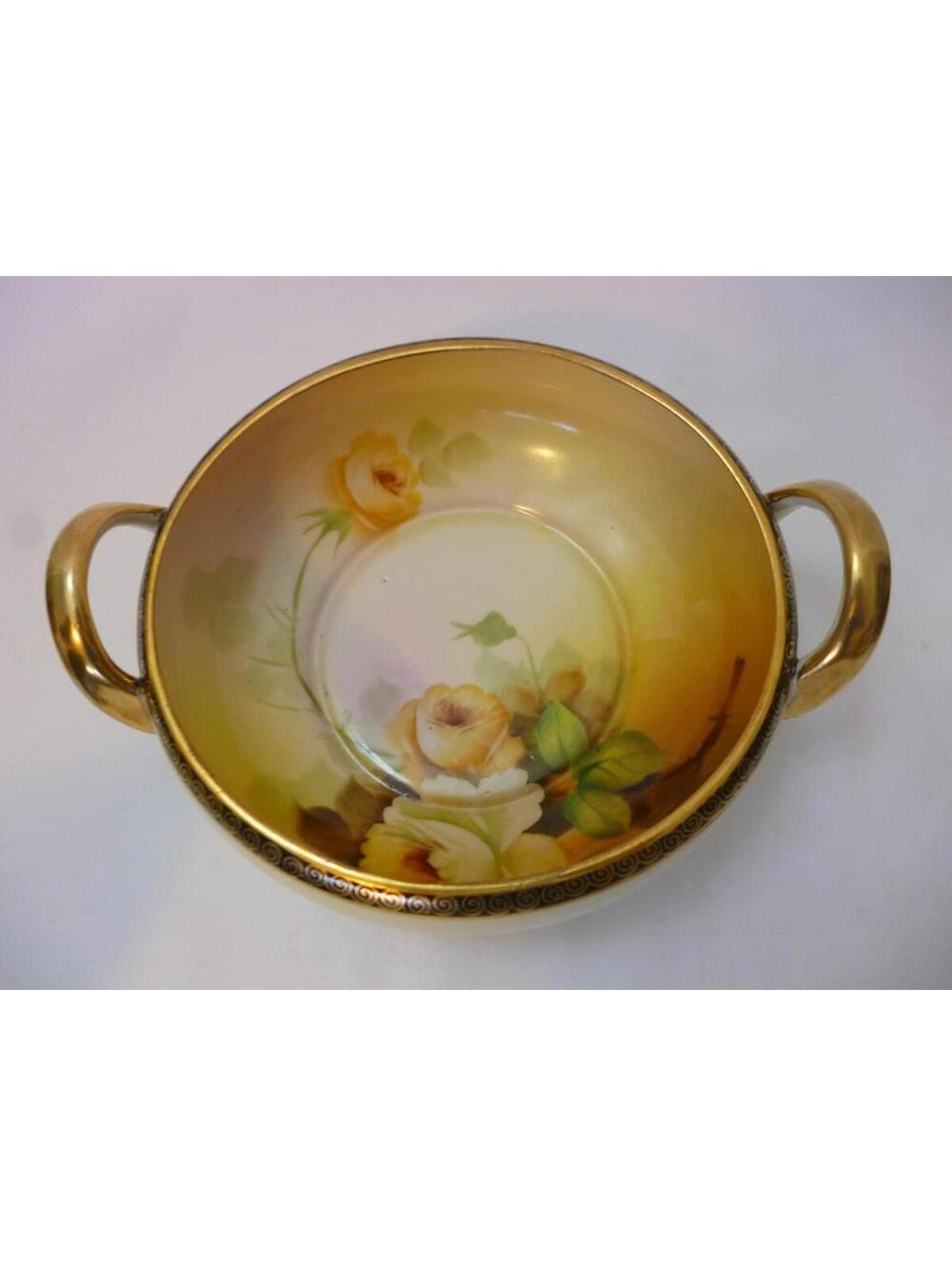 Antique Nippon Morimura Handled Bowl Yellow Roses 6 Inches